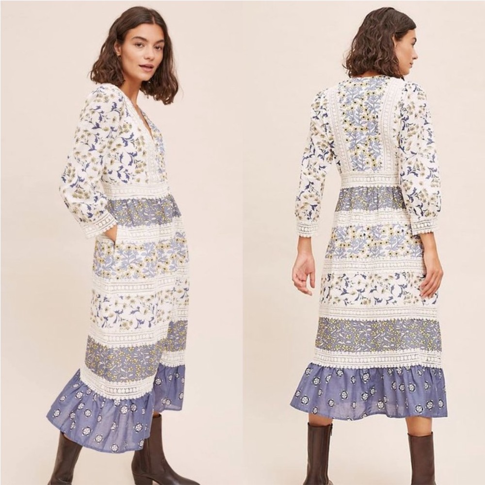 ANTHROPOLOGIE Boho Prairie Floral Midi Dress sz 10